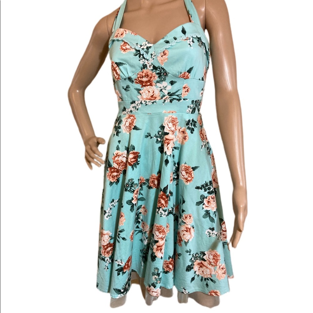 👗 Blue Rose print halter petticoat dress 👗